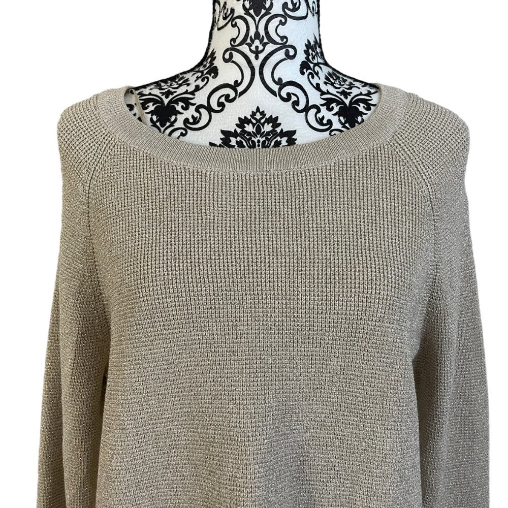 Liz Claiborne | Womens Oatmeal Metallic Knit Long Sleeve Boat Neck Sweater Large - Picture 2 of 7